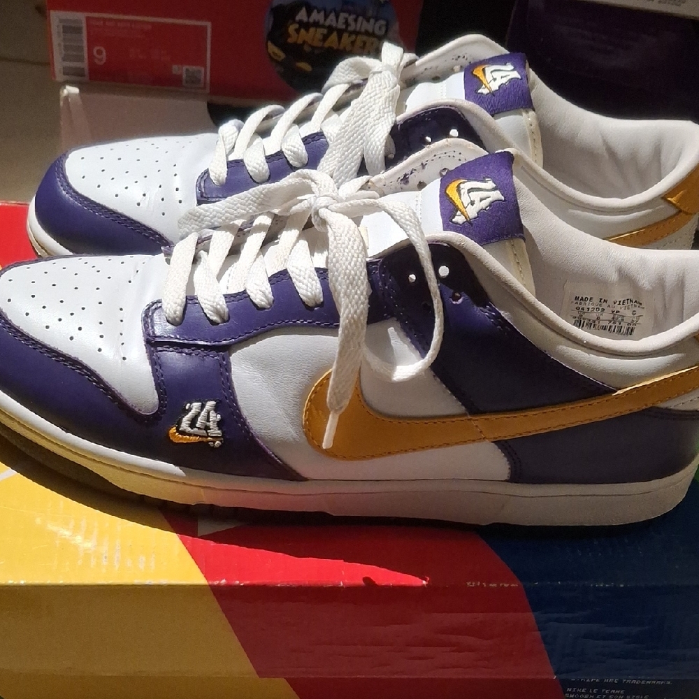 Men's White and Purple Sneakers with Gold Accents